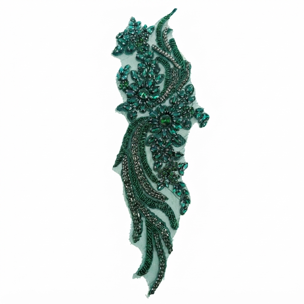 Aplicație brodată premium Verde Smarald cu cristale și mărgele 36 × 11,5 cm