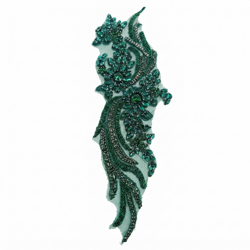 Aplicație brodată premium Verde Smarald cu cristale și mărgele 36 × 11,5 cm