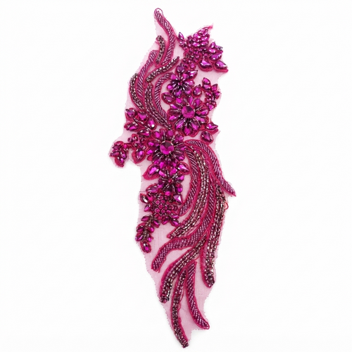 Aplicație brodată premium Fuchsia cu cristale și mărgele 35 × 11,5 cm