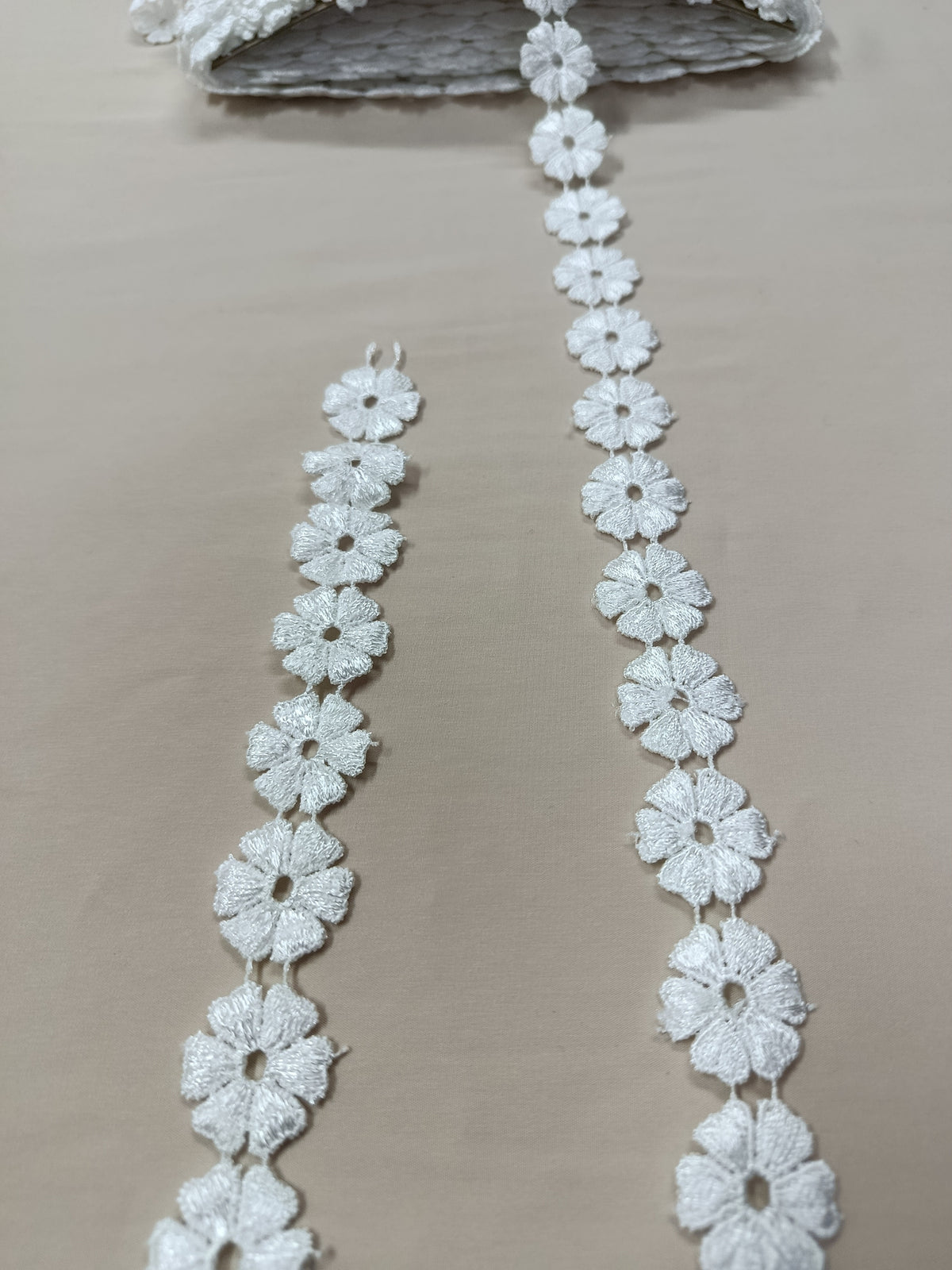 Dantelă guipură cu flori brodate în șir, lățime 2,2 cm, disponibilă în alb și negru, rolă 15 yds.