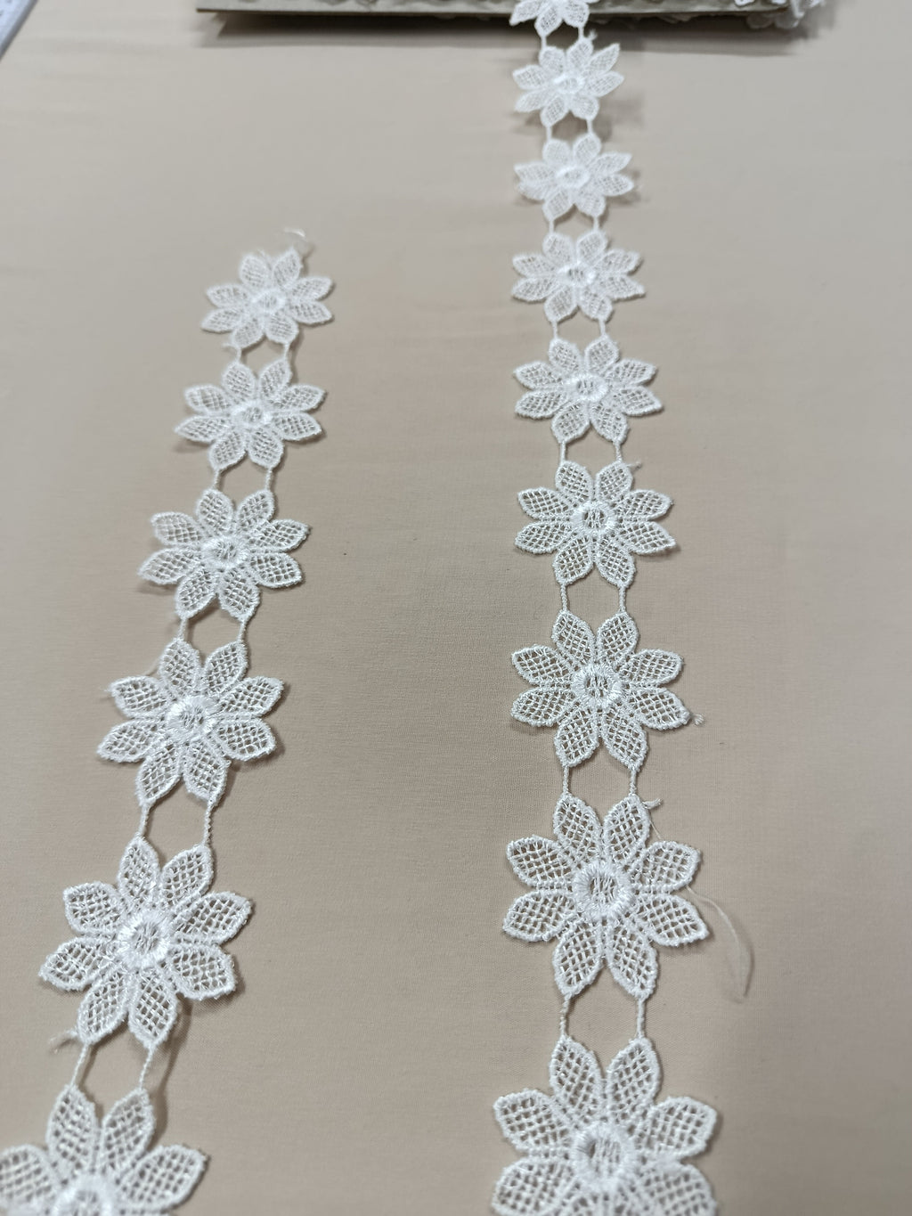 Dantelă guipură cu motive florale înlănțuite, lățime 3 cm, disponibilă în alb și negru, rolă 15 yds.