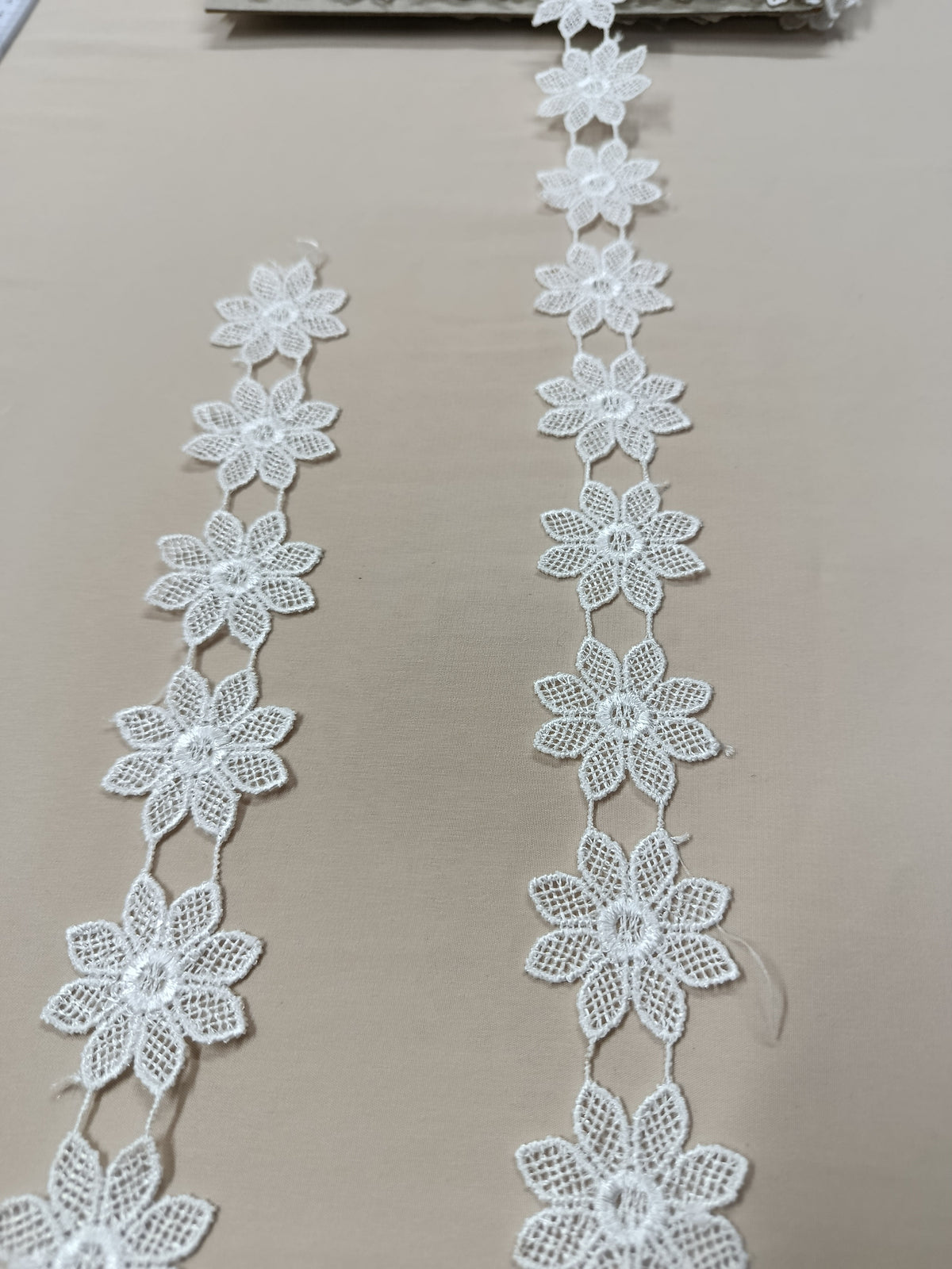 Dantelă guipură cu motive florale înlănțuite, lățime 3 cm, disponibilă în alb și negru, rolă 15 yds.