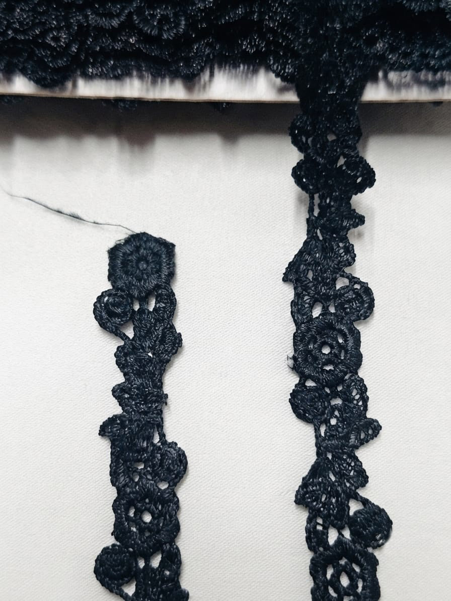 Dantelă guipură neagră cu flori în relief, lățime 1,8 cm, rolă 15 yards