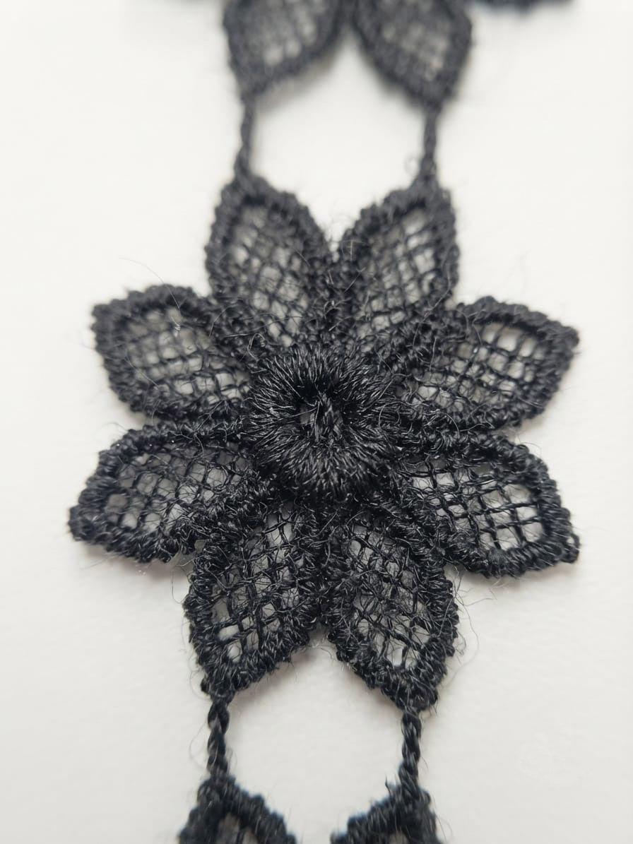 Dantelă Guipură neagră cu motive florale înlănțuite, lățime 3 cm, rolă 15 yds